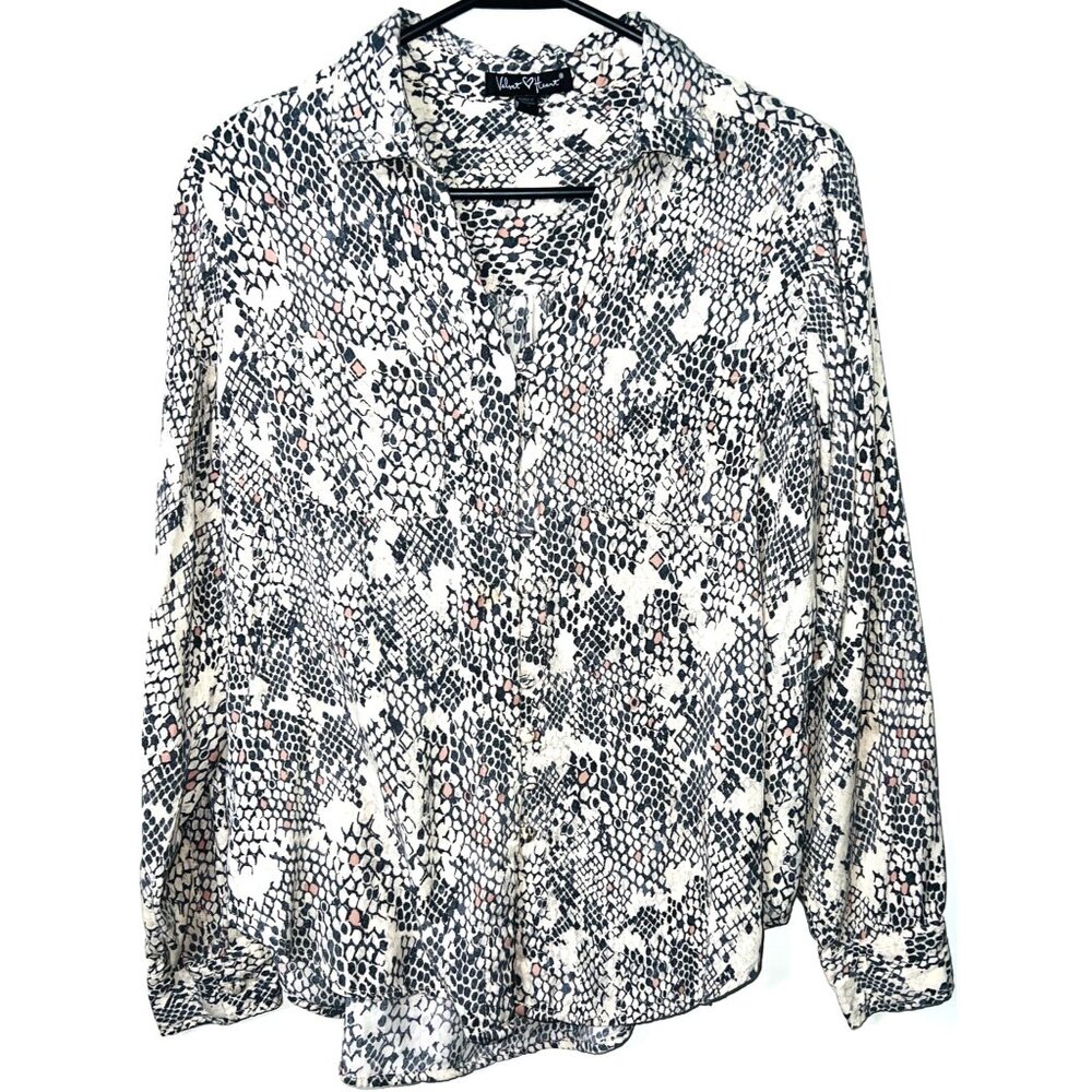 Velvet Heart Womens Snake Print Button-Up Blouse L 100% Rayon Long-Sleeve Collar